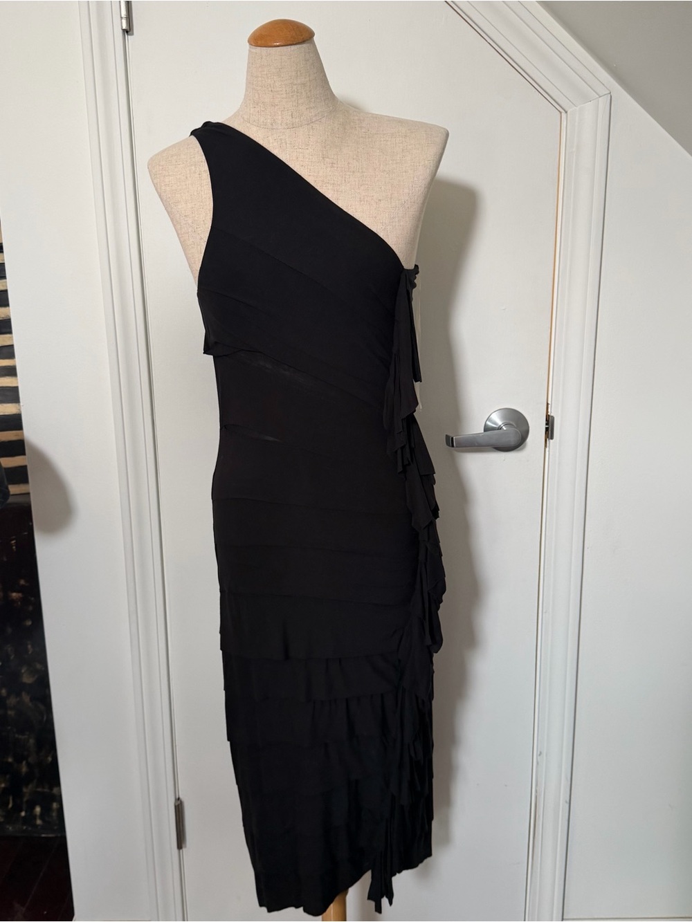 Bailey 44 Black one shoulder dress with ruffle detail on the side